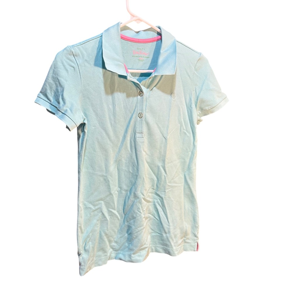 Lilly Pulitzer Chic Fit Aqua Blue Polo Shirt Logo Kids Small 97% Cotton